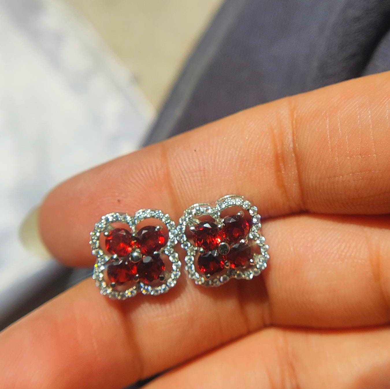 Garnet Cluster Stud Earrings | Sterling Silver, CZ Halo