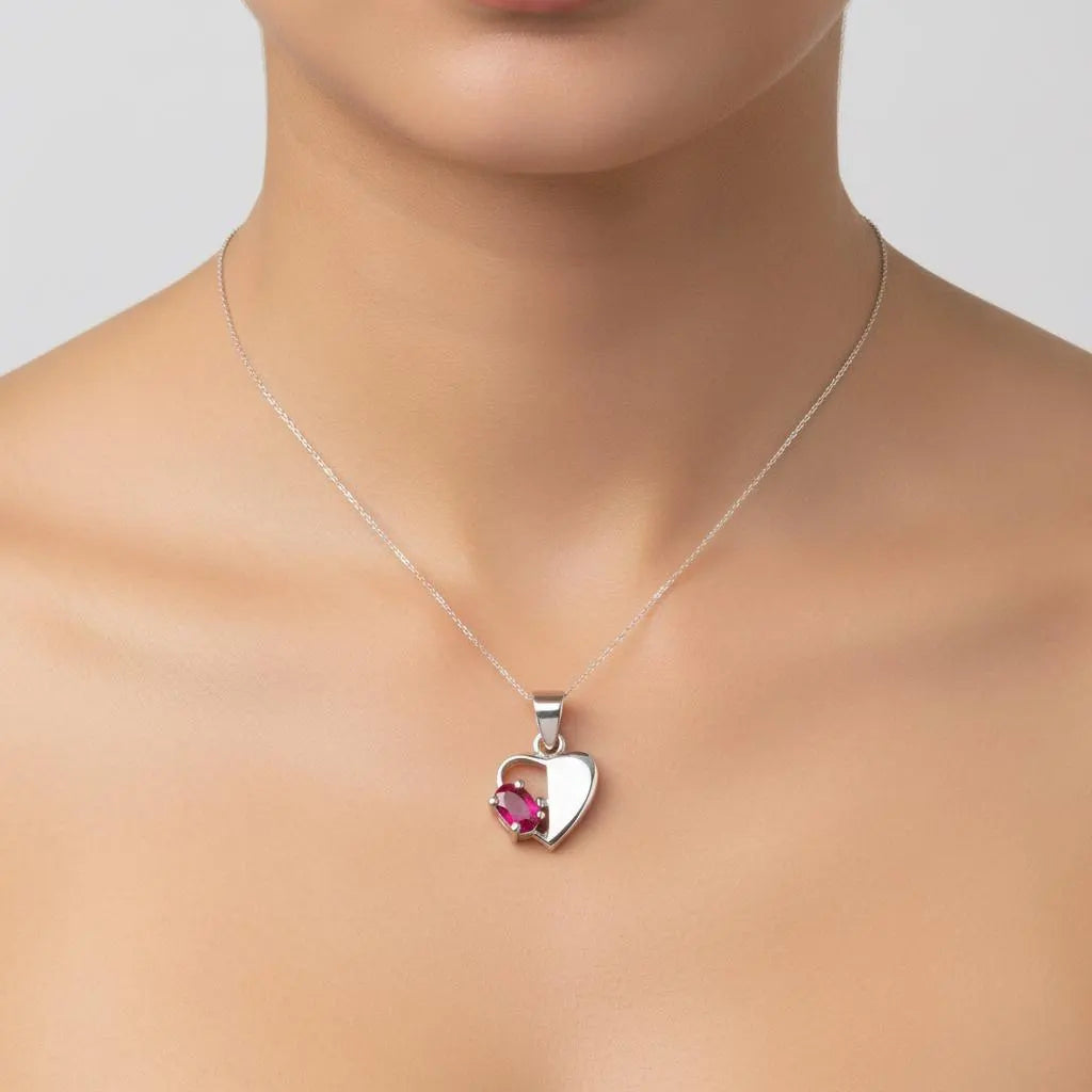 Ruby Heart Pendant Necklace : 925 Sterling Silver