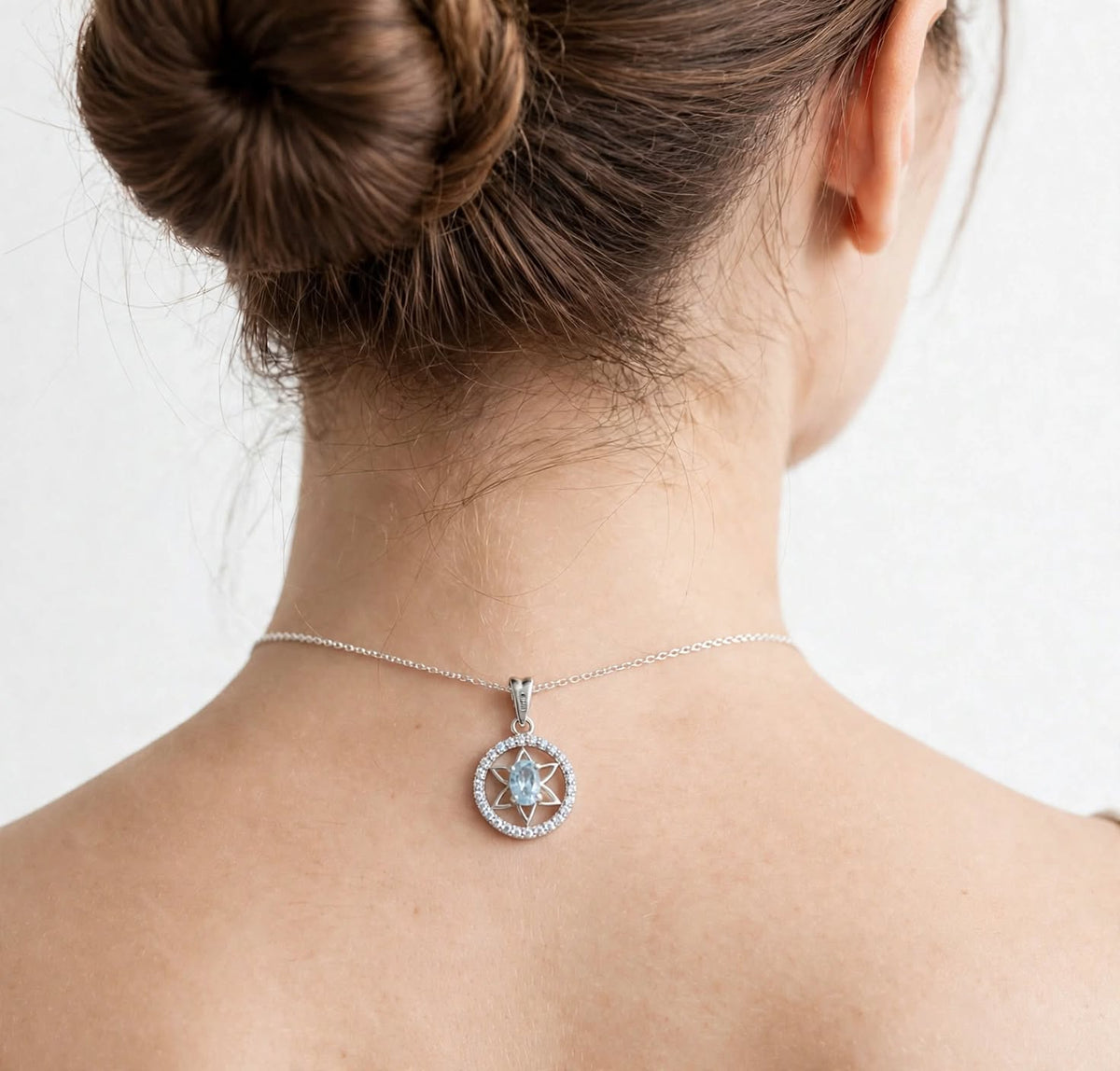 Faith of the Seven Necklace — Natural Aquamarine & Sapphire Star Halo Pendant in 925 Sterling Silver