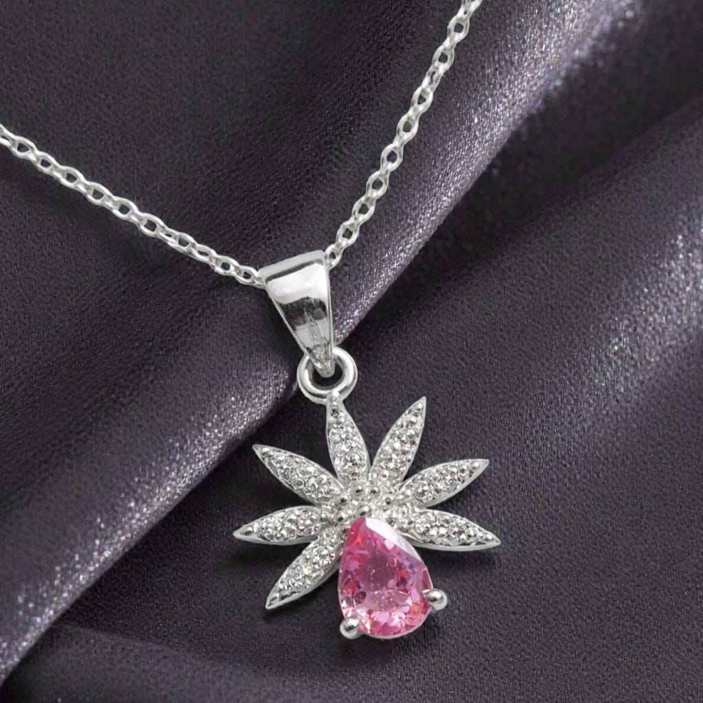 Pink Tourmaline Floral Pendant Necklace, Luxury Sterling Silver with Zircon Accent