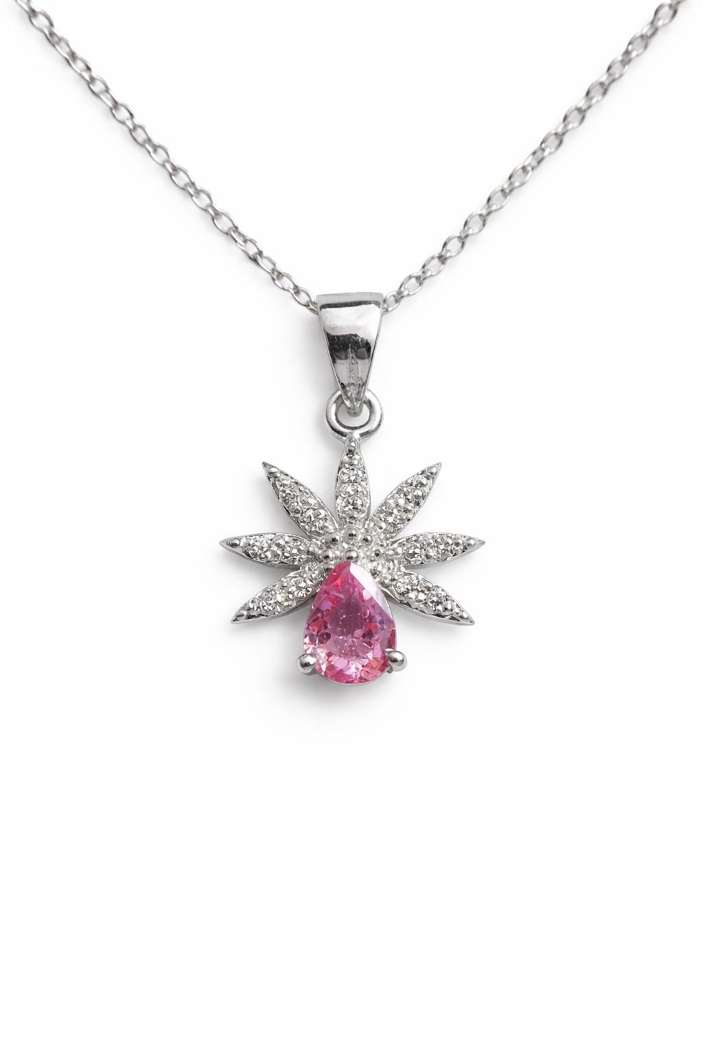 Pink Tourmaline Floral Pendant Necklace, Luxury Sterling Silver with Zircon Accent