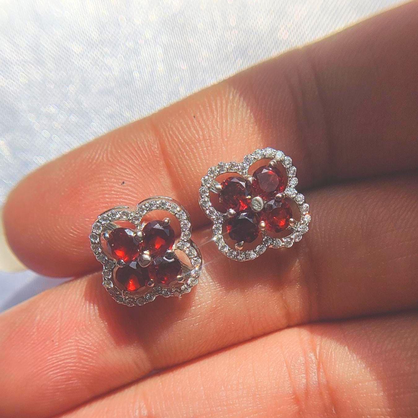 Garnet Cluster Stud Earrings | Sterling Silver, CZ Halo