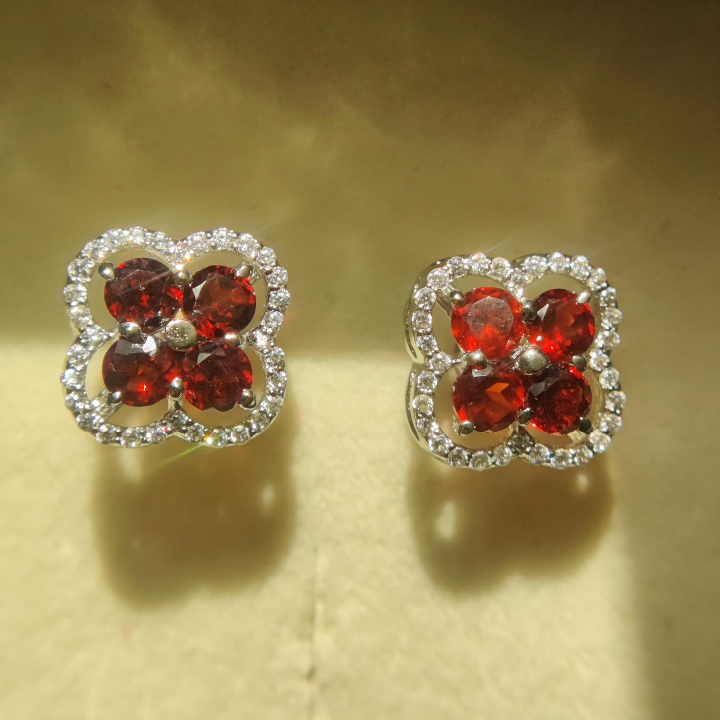 Garnet Cluster Stud Earrings | Sterling Silver, CZ Halo