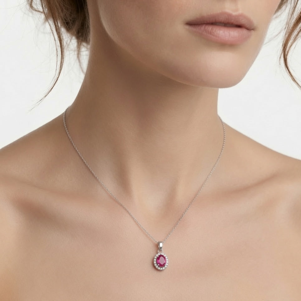 Pink Topaz Oval Pendant Necklace: 925 Sterling Silver