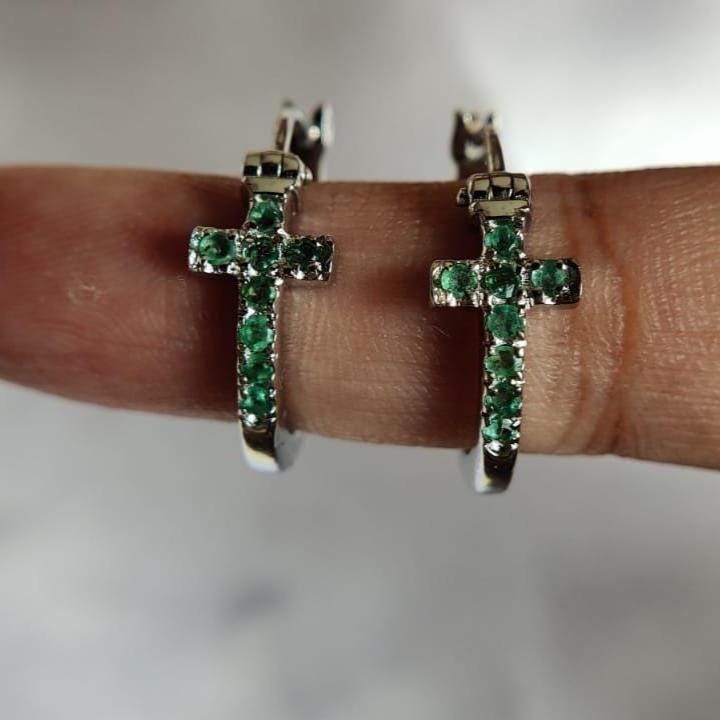 Sterling Silver Cross Hoop Statement Earrings | Natural Green Emerald Huggies Jewelry Gift For Women