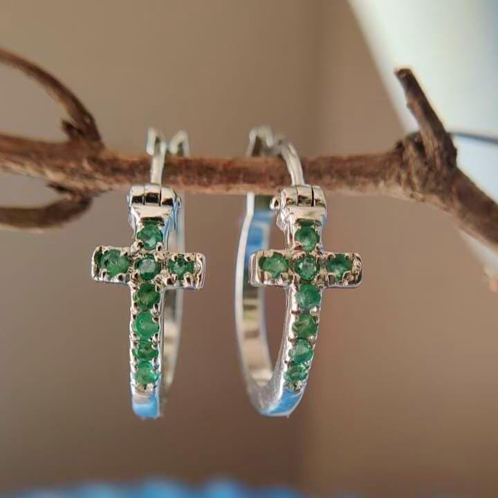 Sterling Silver Cross Hoop Statement Earrings | Natural Green Emerald Huggies Jewelry Gift For Women