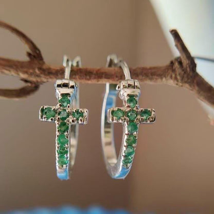 Natural Green Emerald Cross Huggies Statement Earrings