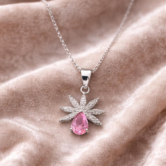 Pink Tourmaline Floral Pendant Necklace, Luxury Sterling Silver with Zircon Accent