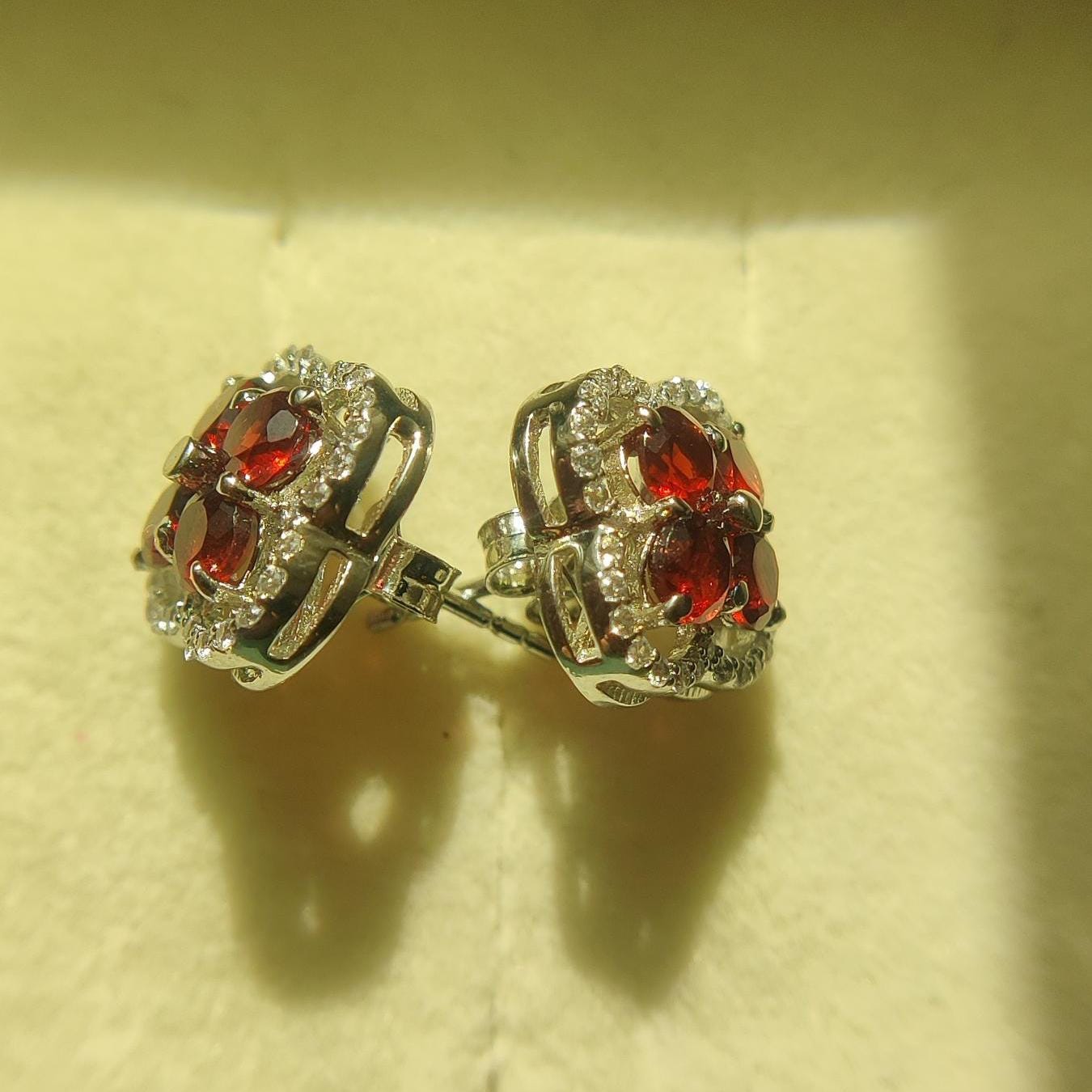 Garnet Cluster Stud Earrings | Sterling Silver, CZ Halo