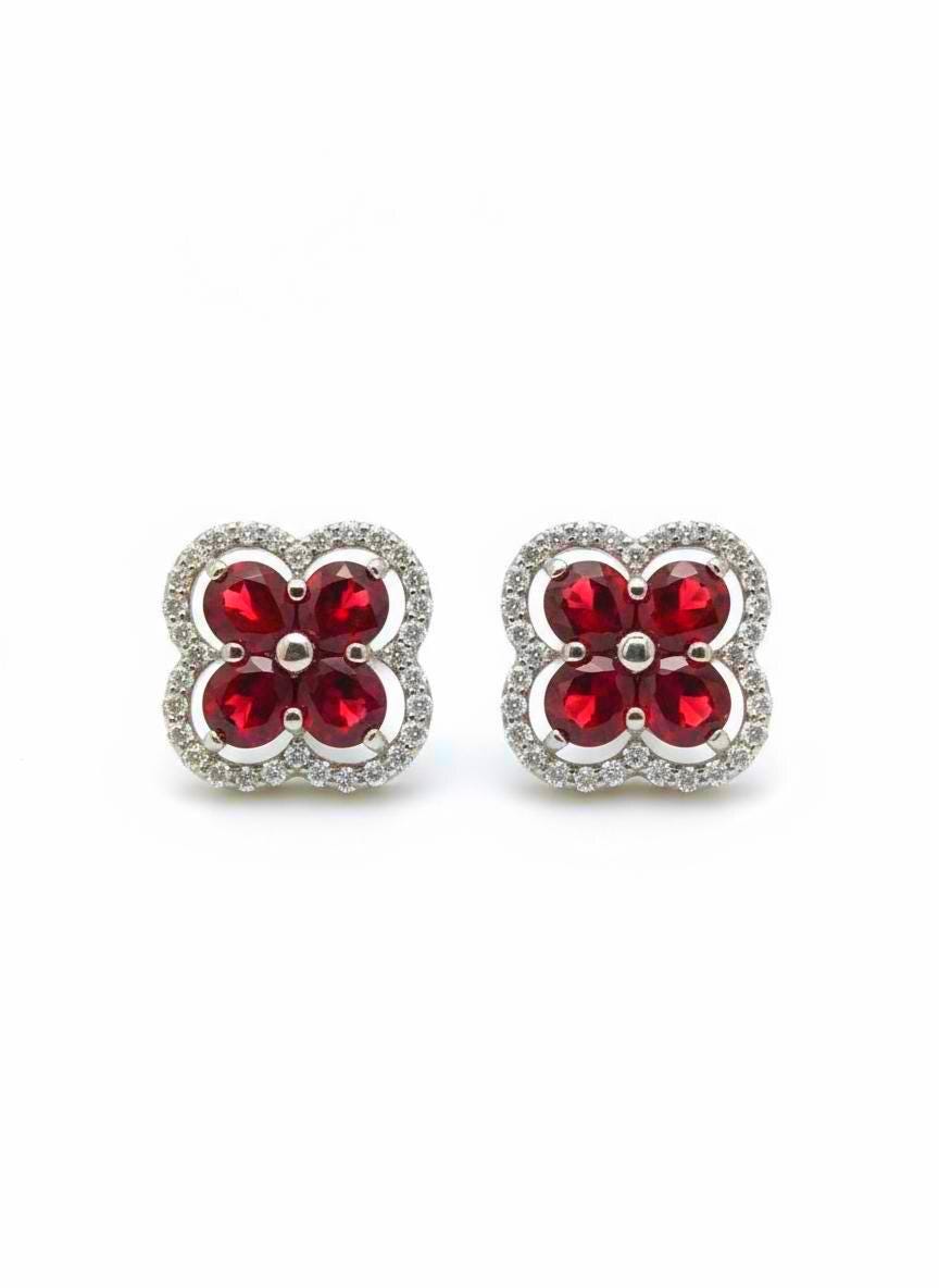 Garnet Cluster Stud Earrings | Sterling Silver, CZ Halo