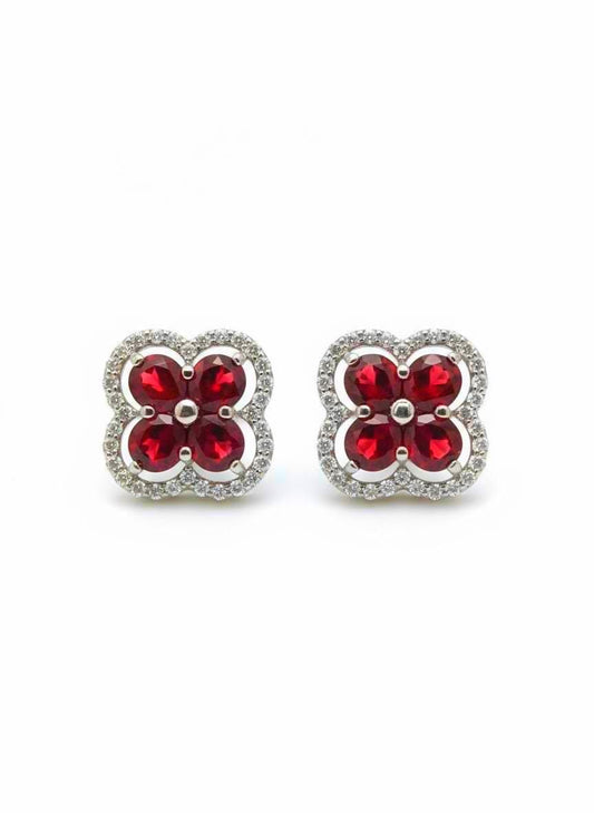 Garnet Cluster Stud Earrings | Sterling Silver, CZ Halo