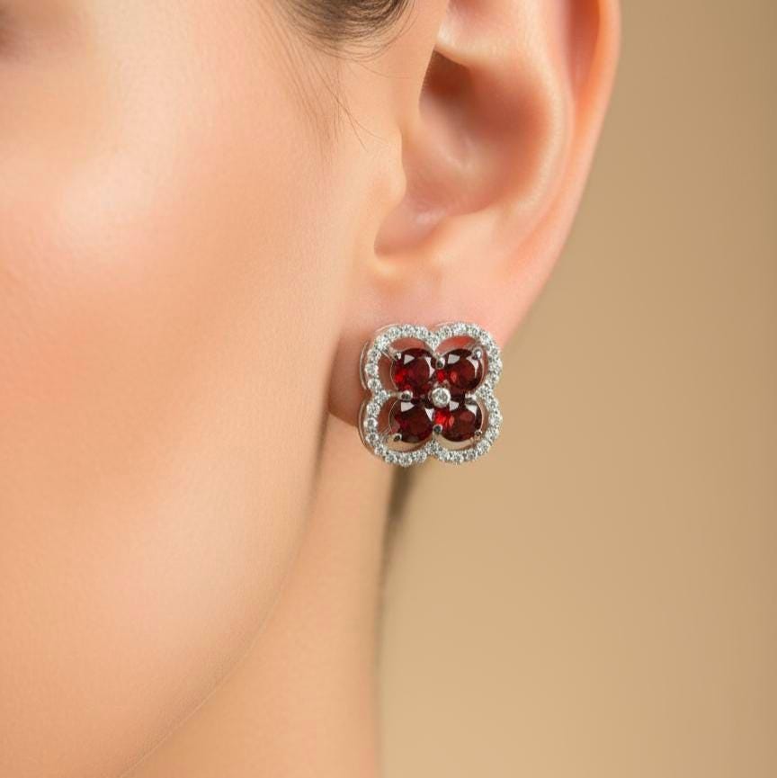 Garnet Cluster Stud Earrings | Sterling Silver, CZ Halo