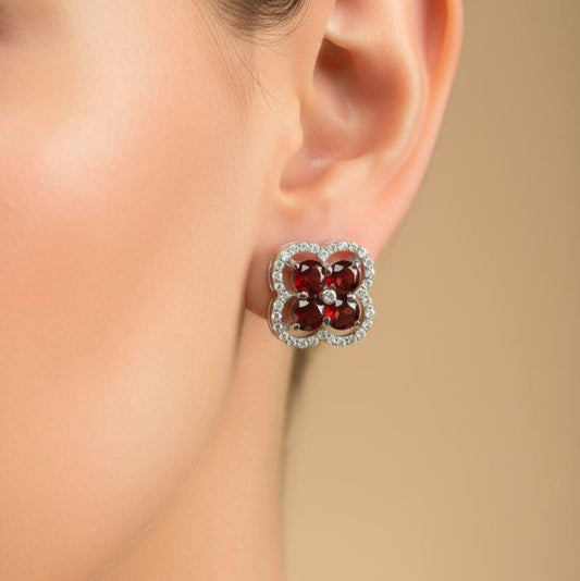 Garnet Cluster Stud Earrings | Sterling Silver, CZ Halo