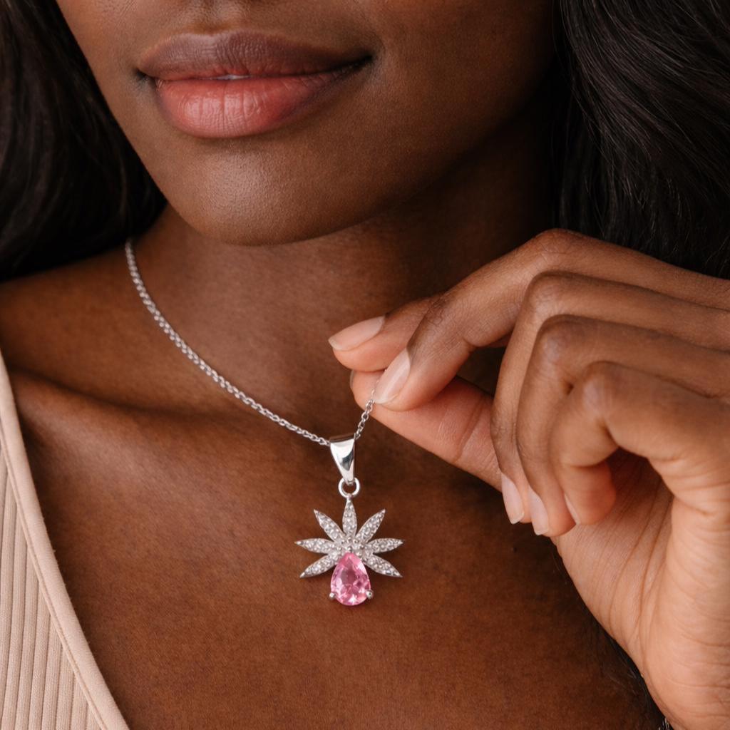 Pink Tourmaline Floral Pendant Necklace, Luxury Sterling Silver with Zircon Accent