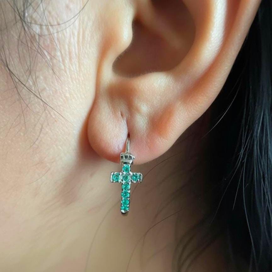 Sterling Silver Cross Hoop Statement Earrings | Natural Green Emerald Huggies Jewelry Gift For Women