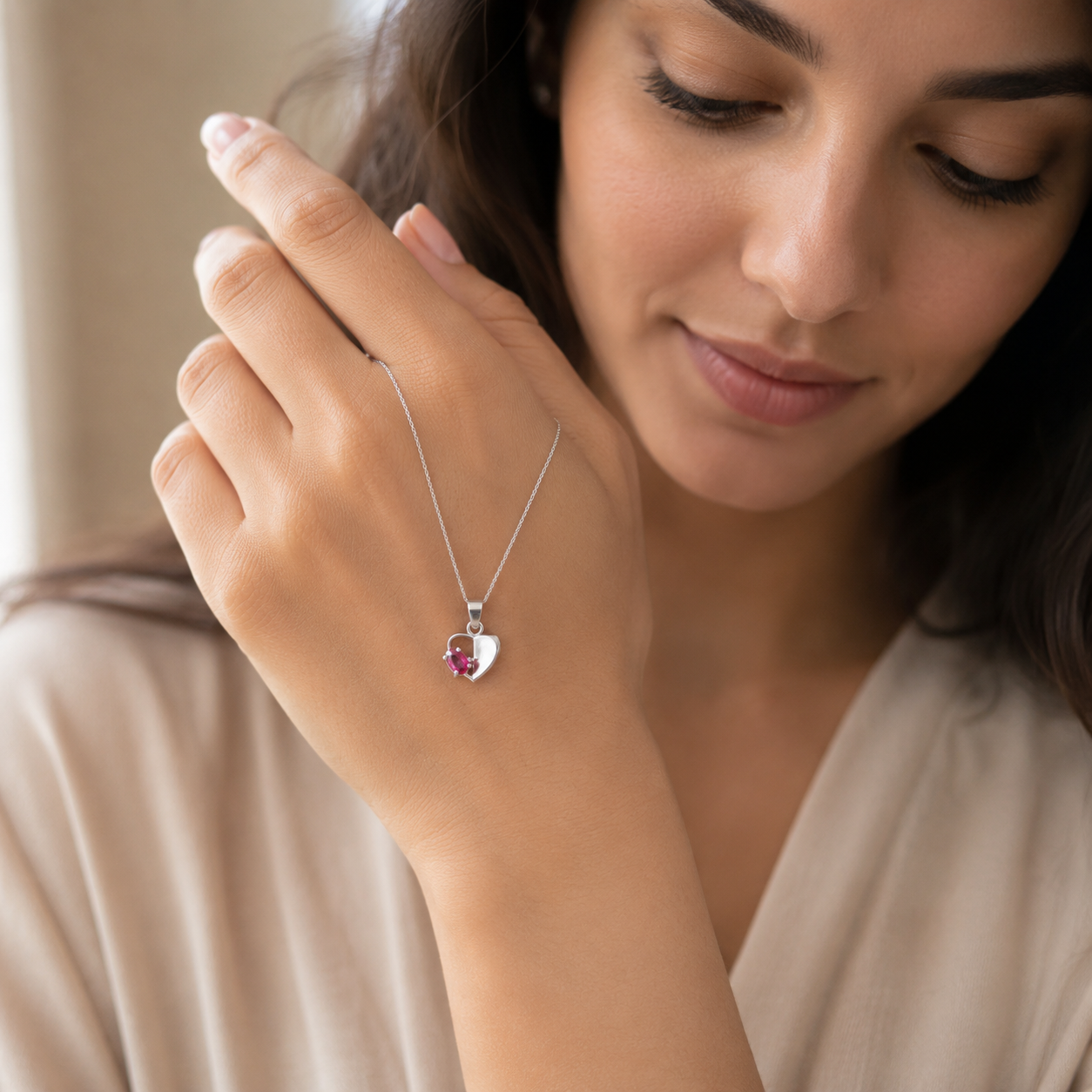 Ruby Heart Pendant Necklace : 925 Sterling Silver