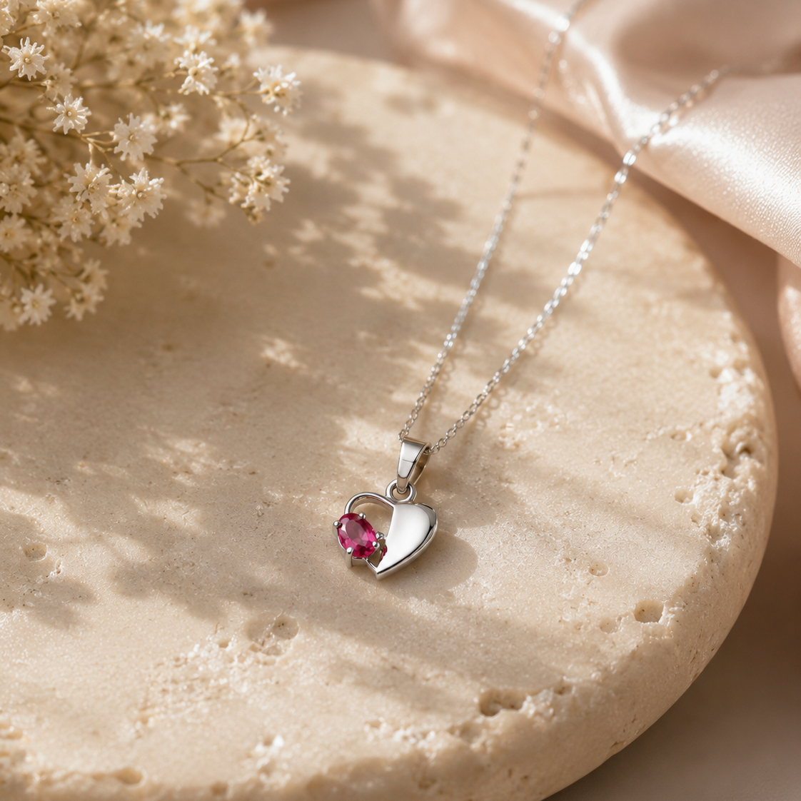 Ruby Heart Pendant Necklace : 925 Sterling Silver