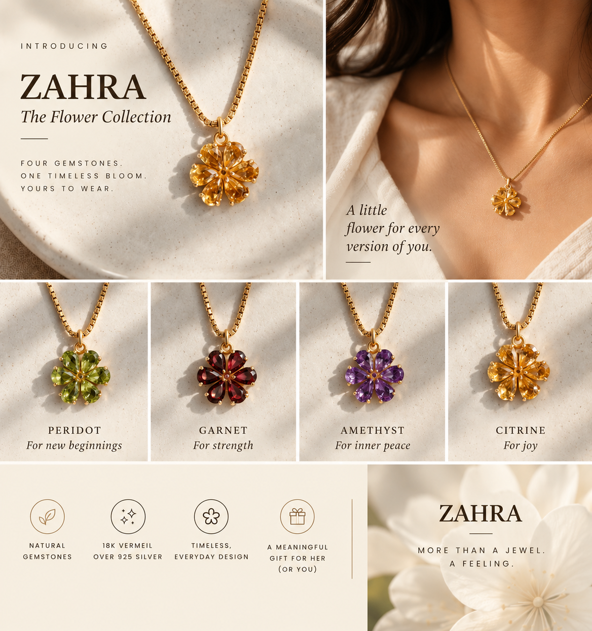 ZAHRA Flower Gemstone Necklace | 18K Vermeil 925 Sterling Silver