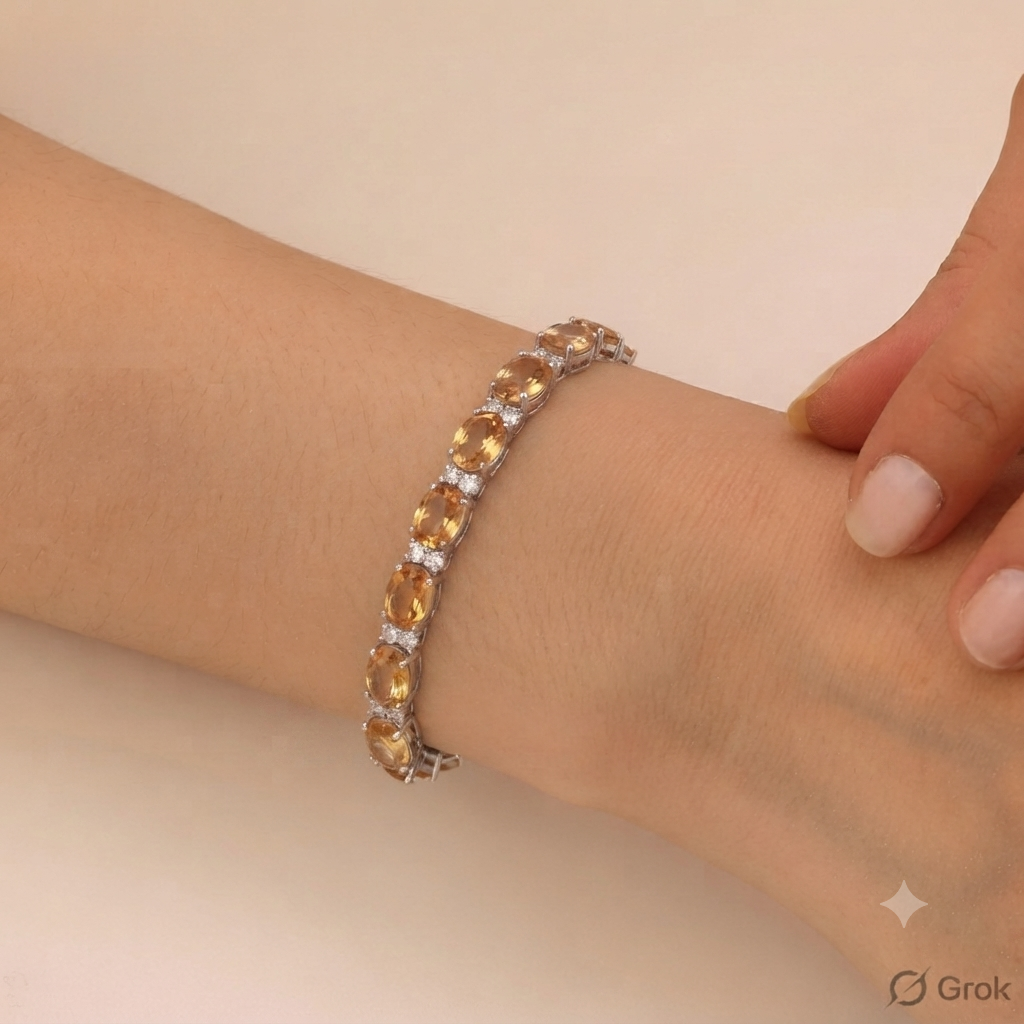Citrine Tennis Bracelet: Oval Yellow Gemstone, Sterling Silver, November Birthstone