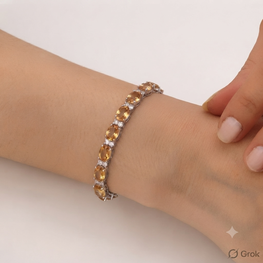 Citrine Tennis Bracelet: Oval Yellow Gemstone, Sterling Silver, November Birthstone