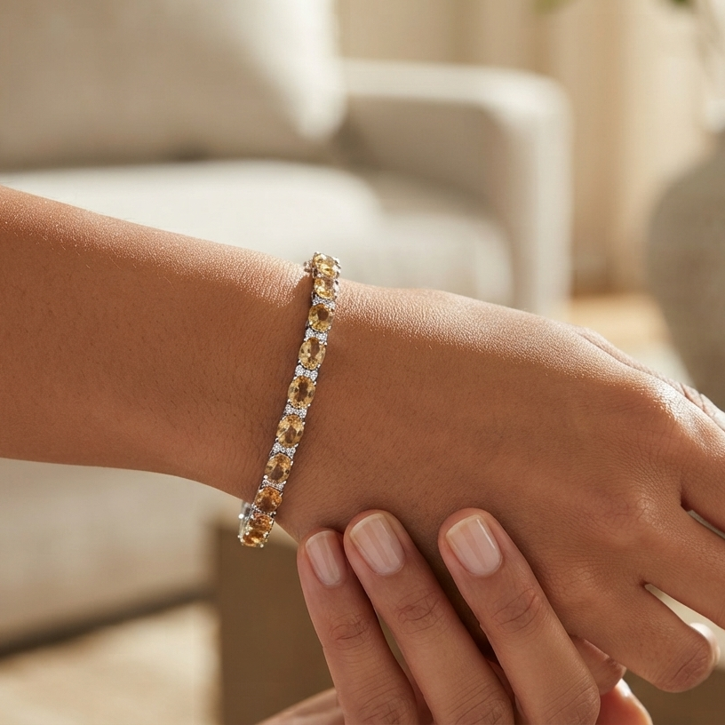 Citrine Tennis Bracelet: Oval Yellow Gemstone, Sterling Silver, November Birthstone