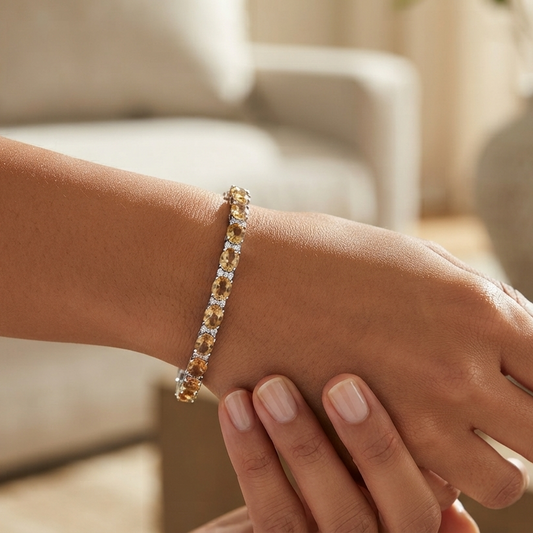 Citrine Tennis Bracelet: Oval Yellow Gemstone, Sterling Silver, November Birthstone
