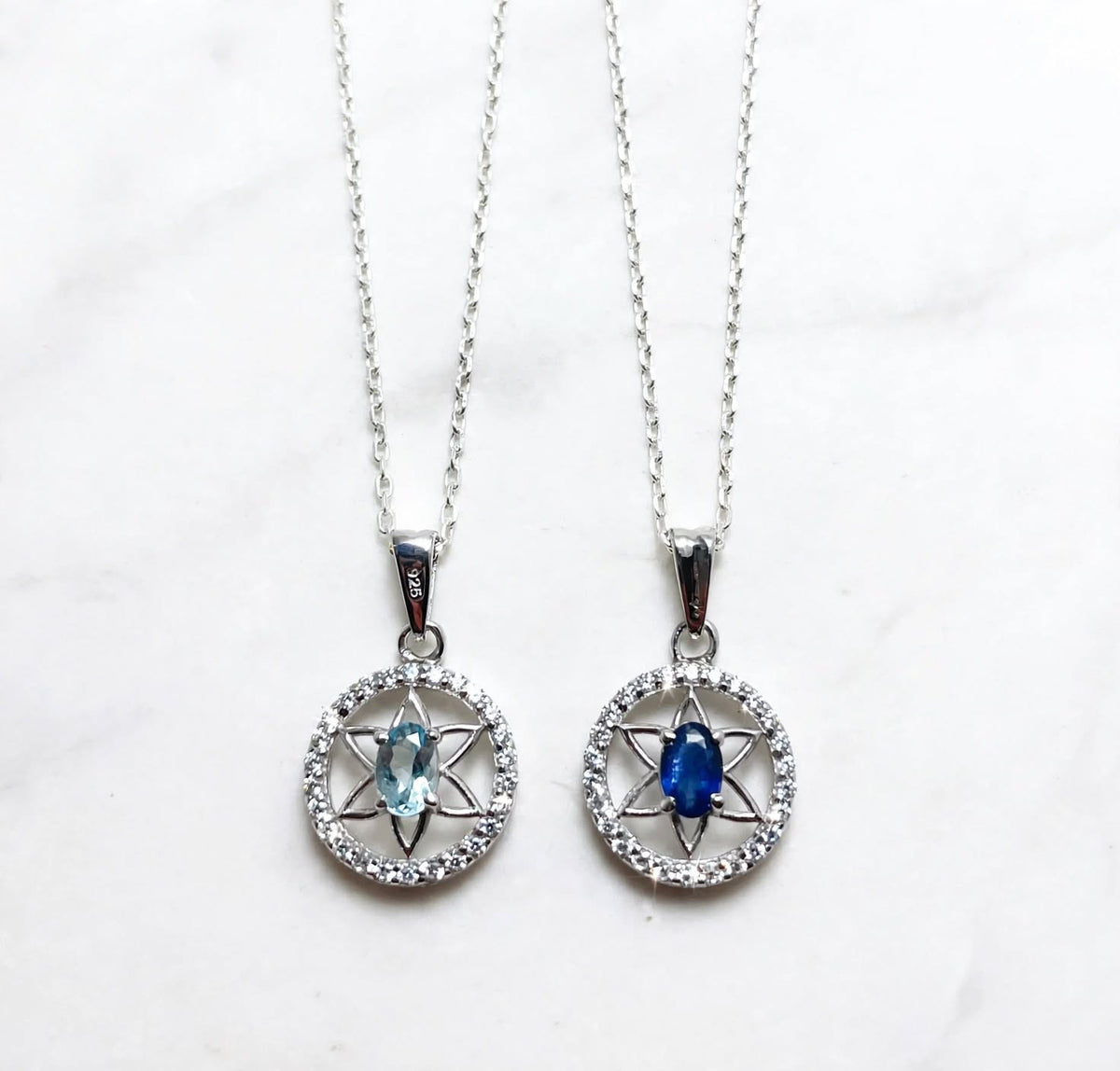 Faith of the Seven Necklace — Natural Aquamarine & Sapphire Star Halo Pendant in 925 Sterling Silver