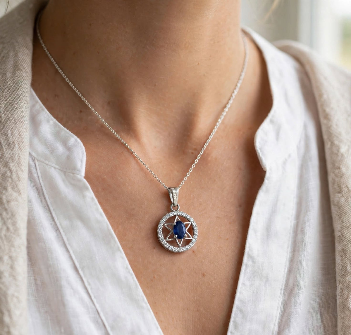 Faith of the Seven Necklace — Natural Aquamarine & Sapphire Star Halo Pendant in 925 Sterling Silver