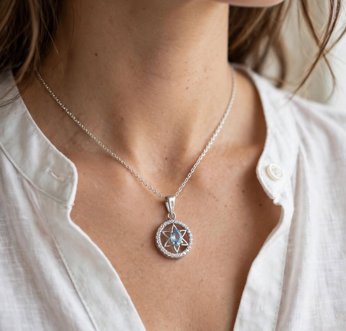 Faith of the Seven Necklace — Natural Aquamarine & Sapphire Star Halo Pendant in 925 Sterling Silver