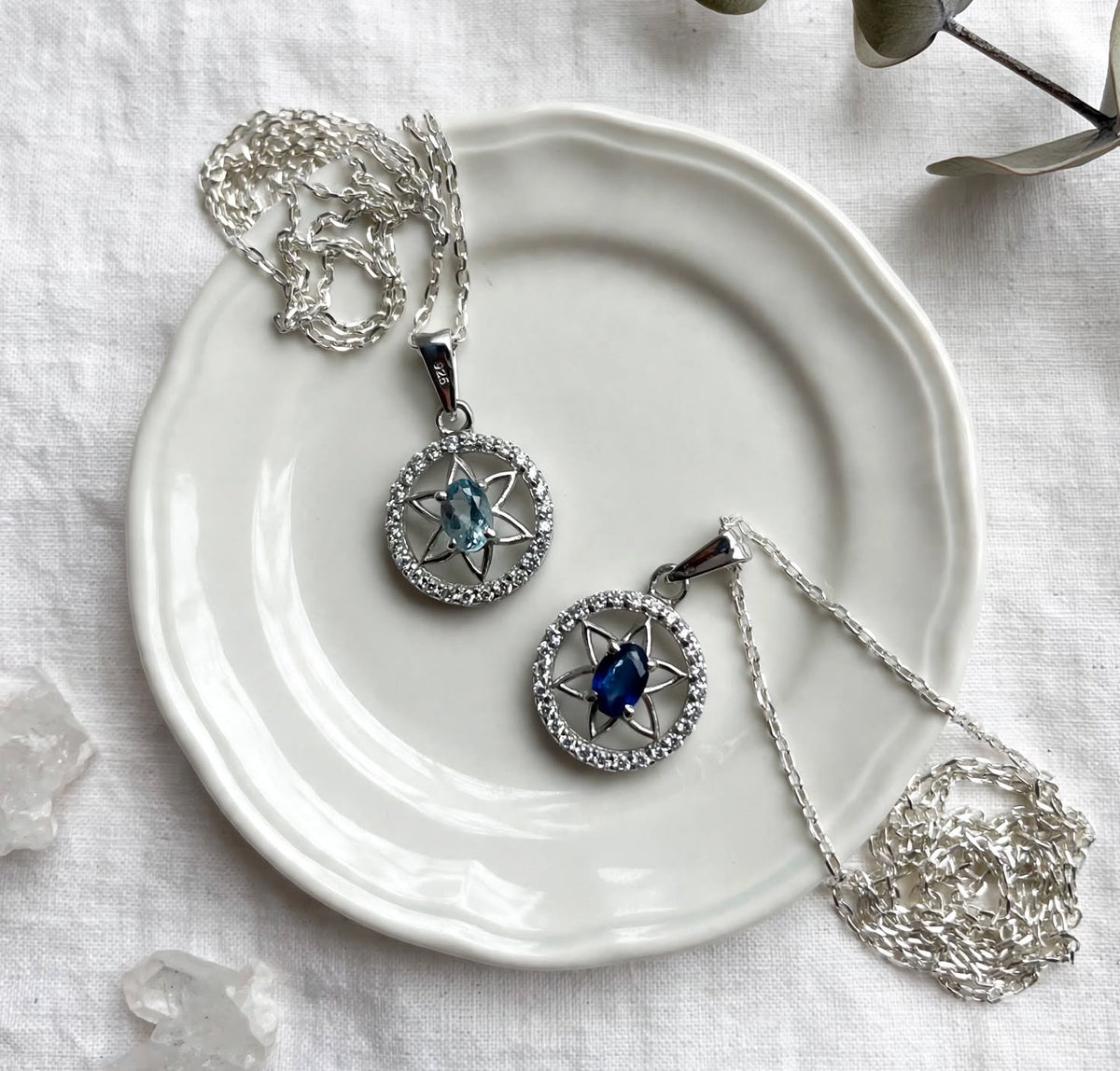 Faith of the Seven Necklace — Natural Aquamarine & Sapphire Star Halo Pendant in 925 Sterling Silver