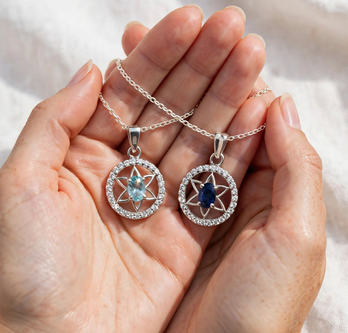 Faith of the Seven Necklace — Natural Aquamarine & Sapphire Star Halo Pendant in 925 Sterling Silver