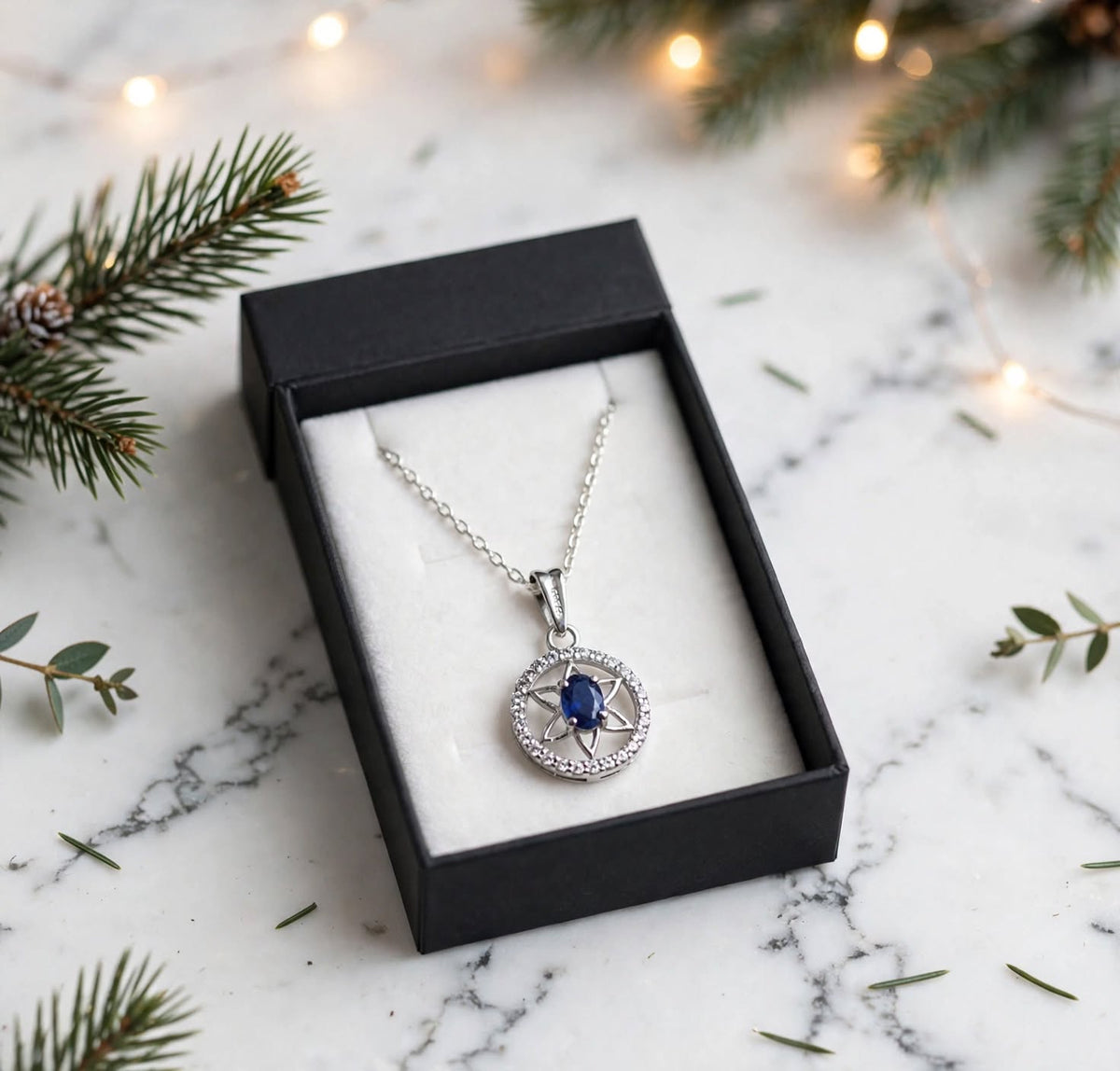Faith of the Seven Necklace — Natural Aquamarine & Sapphire Star Halo Pendant in 925 Sterling Silver
