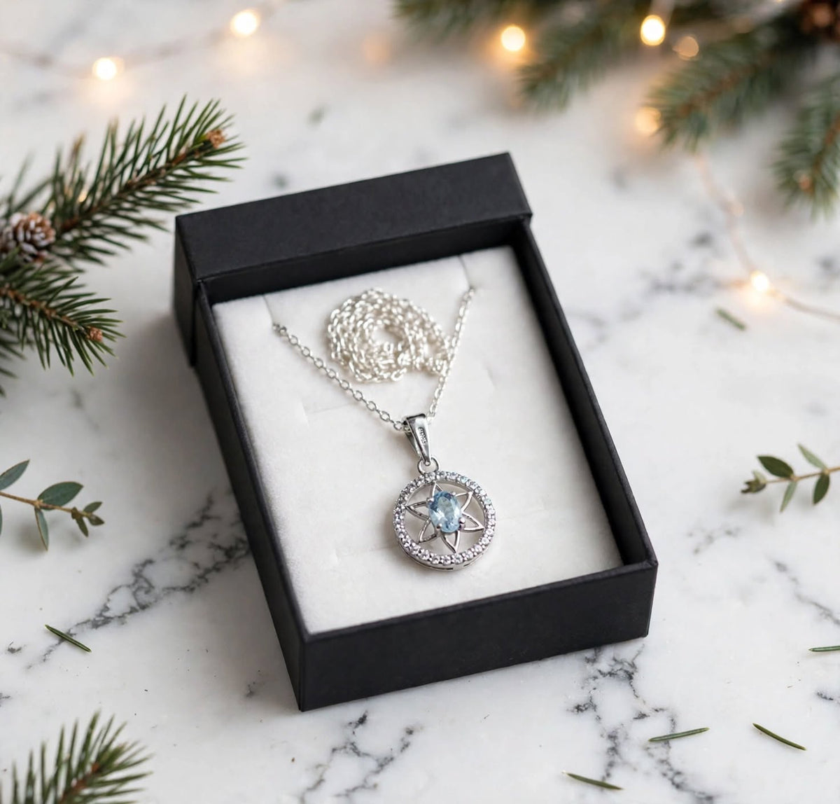 Faith of the Seven Necklace — Natural Aquamarine & Sapphire Star Halo Pendant in 925 Sterling Silver