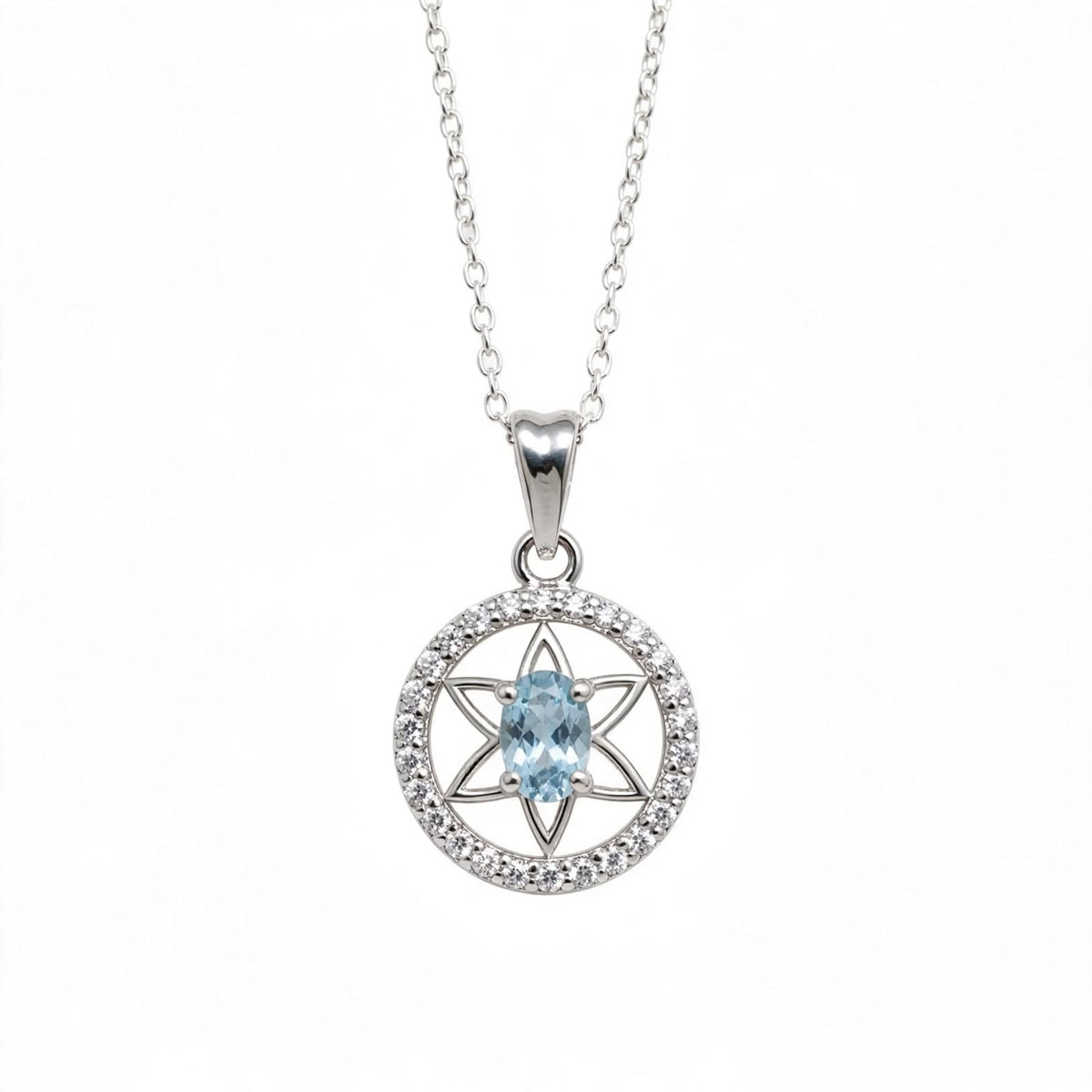 Faith of the Seven Necklace — Natural Aquamarine & Sapphire Star Halo Pendant in 925 Sterling Silver