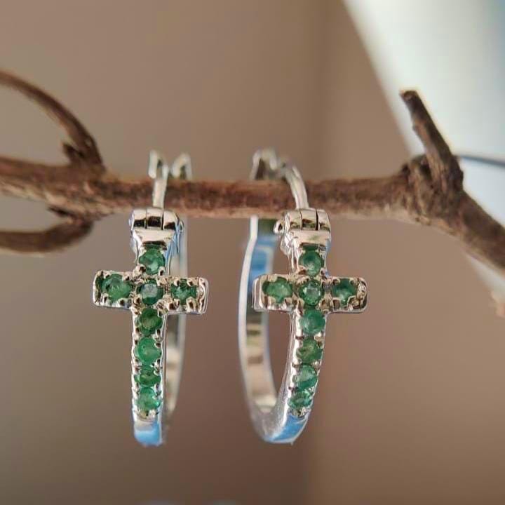 Sterling Silver Cross Hoop Statement Earrings | Natural Green Emerald Huggies Jewelry Gift For Women