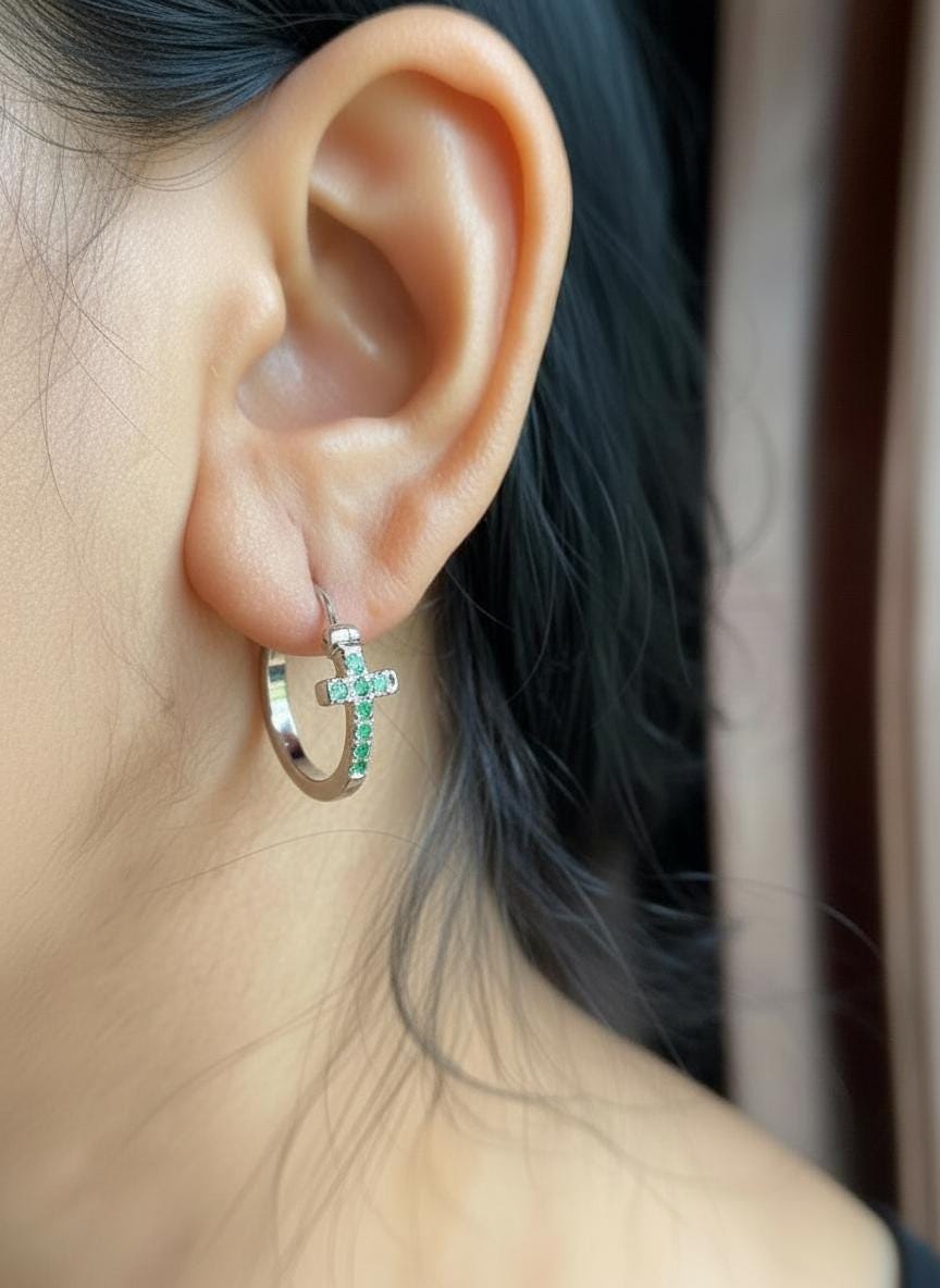 Sterling Silver Cross Hoop Statement Earrings | Natural Green Emerald Huggies Jewelry Gift For Women