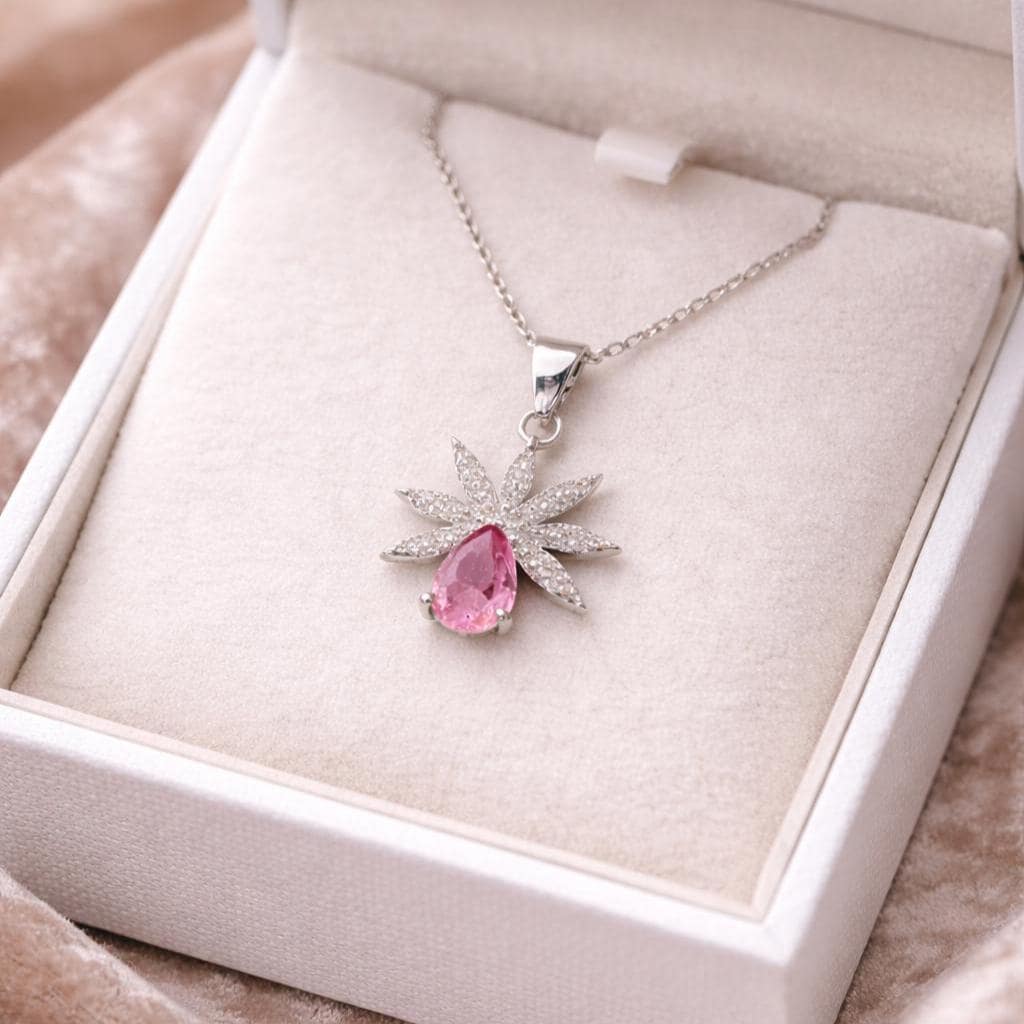 Pink Tourmaline Floral Pendant Necklace, Luxury Sterling Silver with Zircon Accent