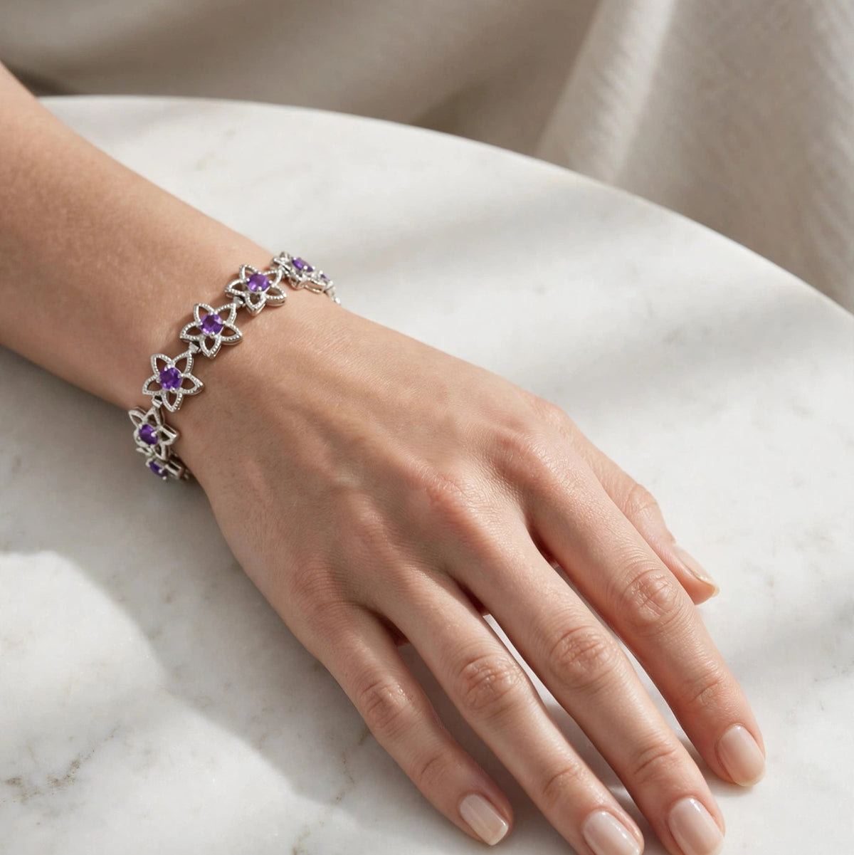 Natural Amethyst Flower Tennis Bracelet – 925 Sterling Silver