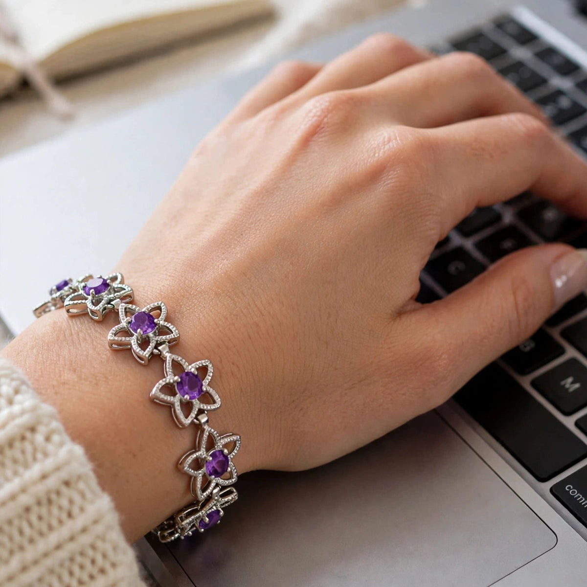 Natural Amethyst Flower Tennis Bracelet – 925 Sterling Silver