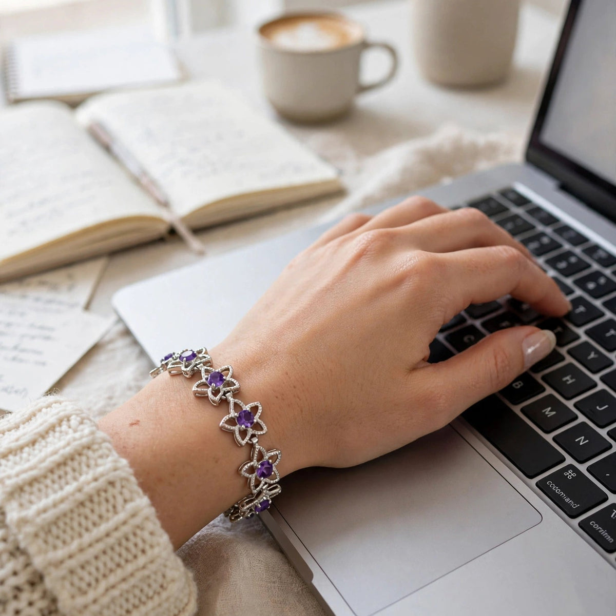 Natural Amethyst Flower Tennis Bracelet – 925 Sterling Silver