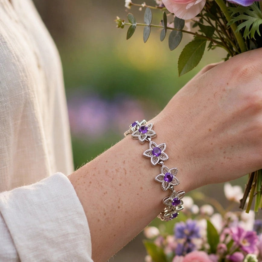 Natural Amethyst Flower Tennis Bracelet – 925 Sterling Silver