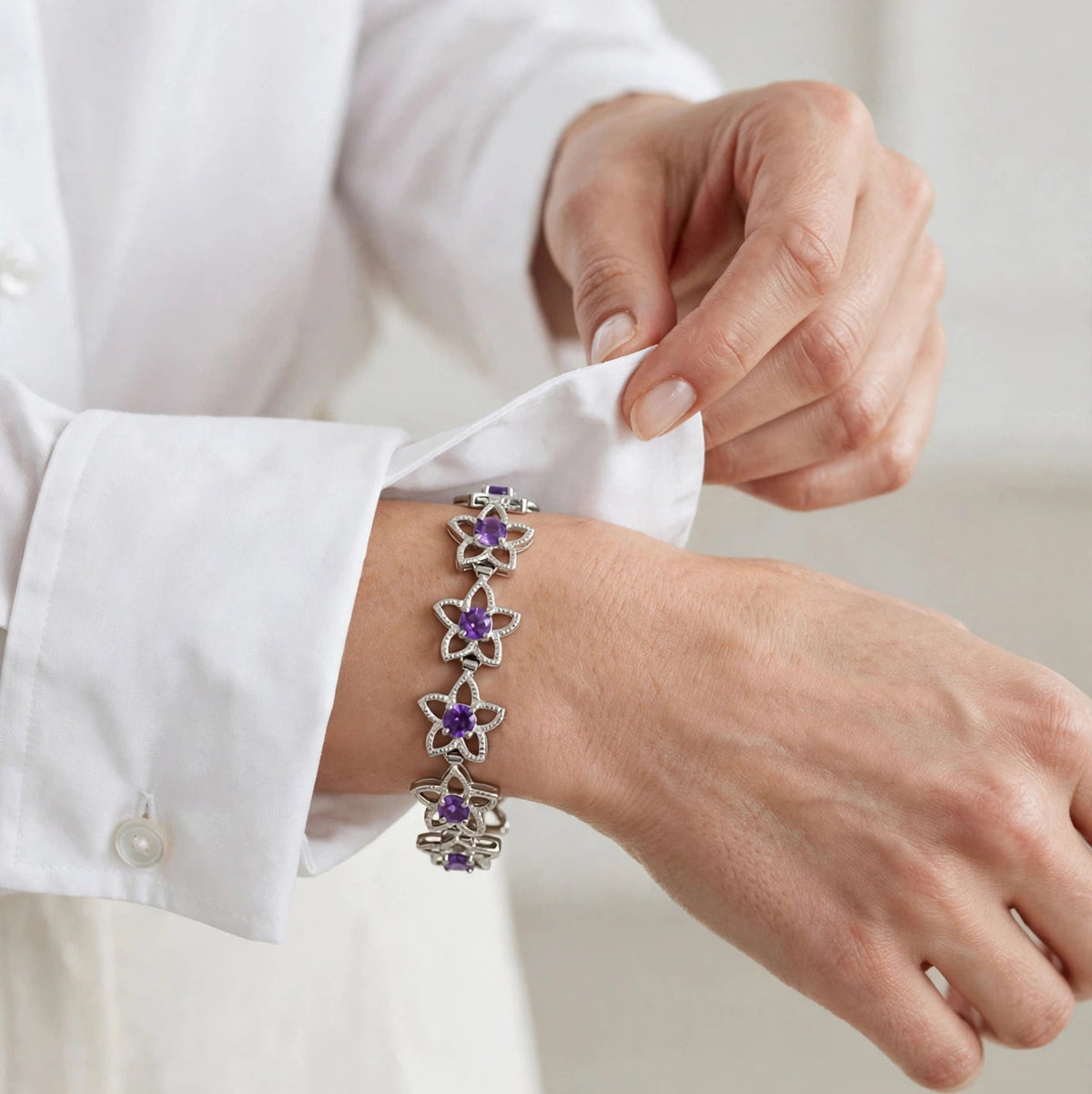 Natural Amethyst Flower Tennis Bracelet – 925 Sterling Silver