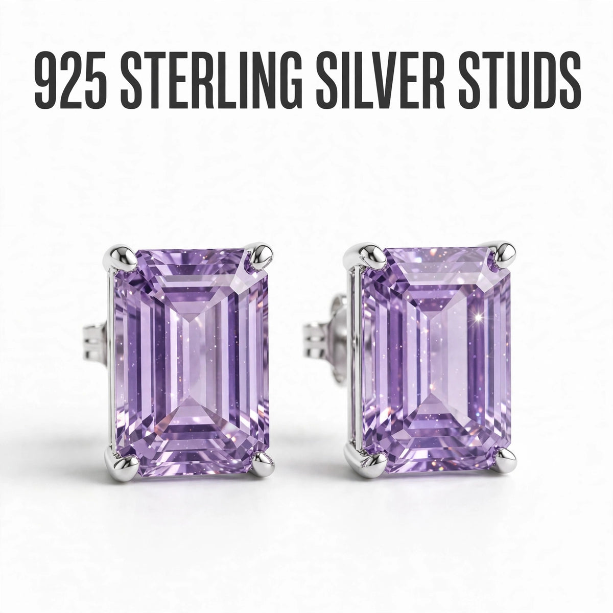 Emerald Cut Gemstone Studs in 925 Sterling Silver
