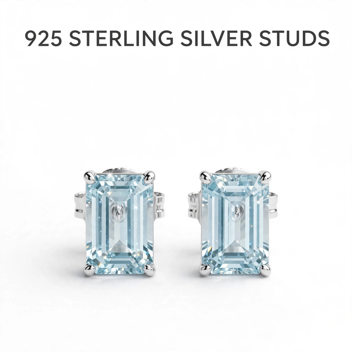 Emerald Cut Gemstone Studs in 925 Sterling Silver