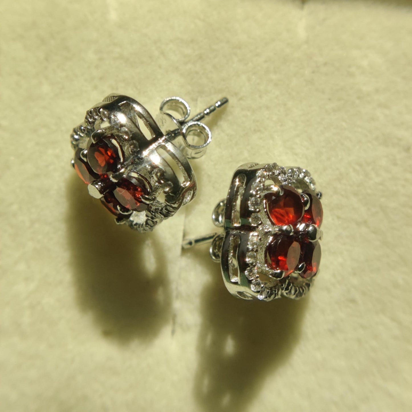 Garnet Cluster Stud Earrings | Sterling Silver, CZ Halo