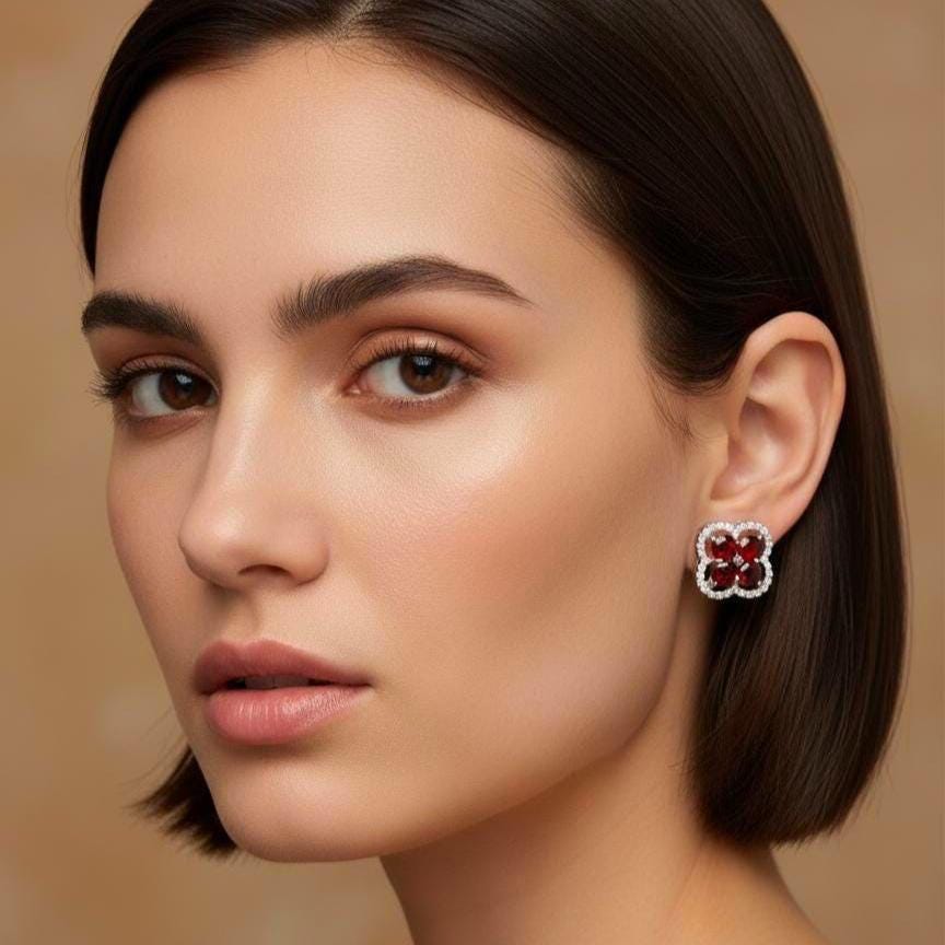 Garnet Cluster Stud Earrings | Sterling Silver, CZ Halo