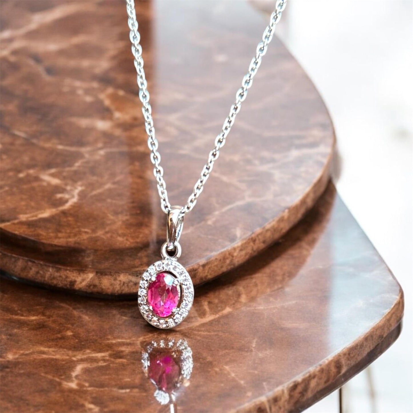 Pink Topaz Oval Pendant Necklace: 925 Sterling Silver