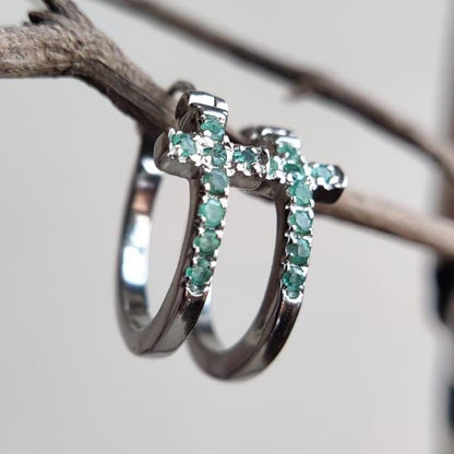 Natural Green Emerald Cross Huggies Statement Earrings