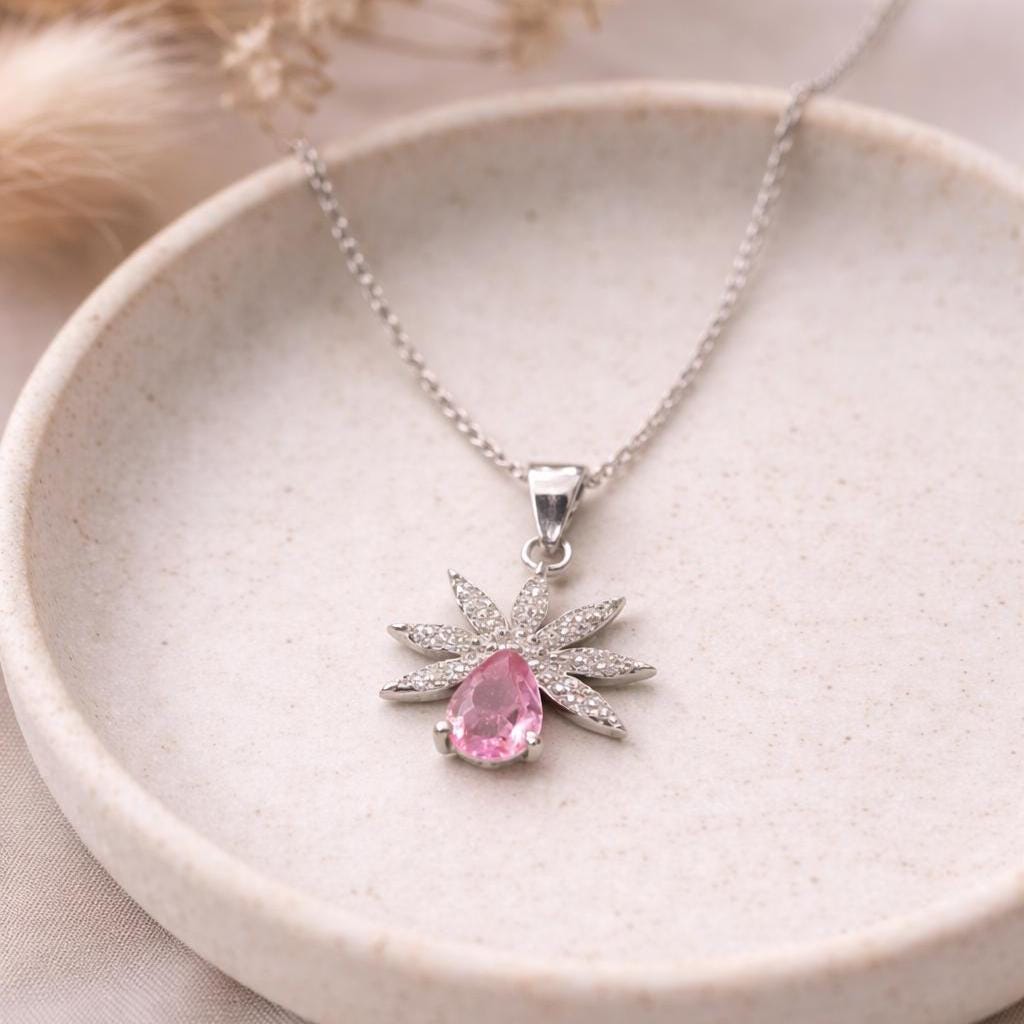 Pink Tourmaline Floral Pendant Necklace, Luxury Sterling Silver with Zircon Accent