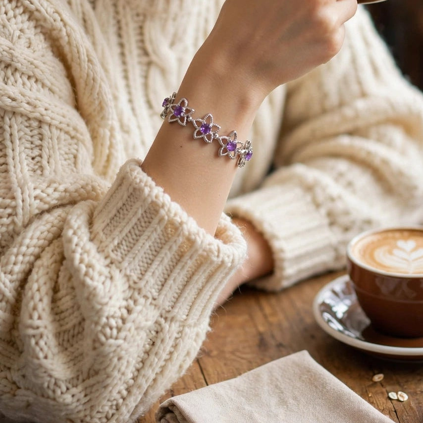 Natural Amethyst Flower Tennis Bracelet – 925 Sterling Silver
